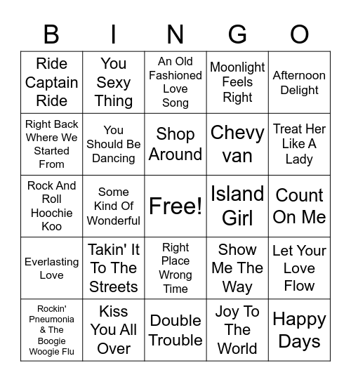 70's Hits Bingo Card