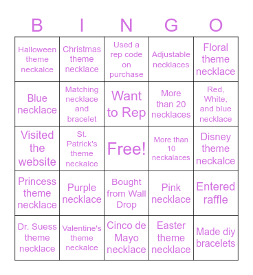 Bubblegum Necklace Bingo Card