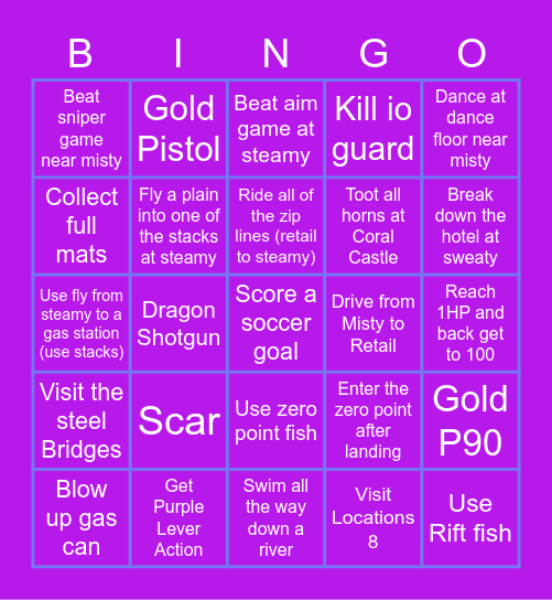 Fortnite Season Five Bingo Card