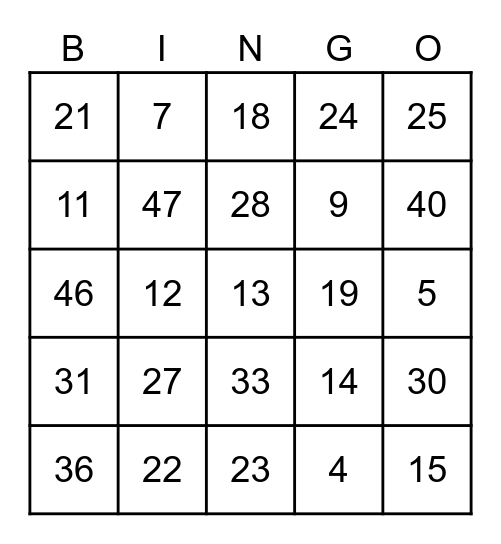 Numbers 1-50 Bingo Card