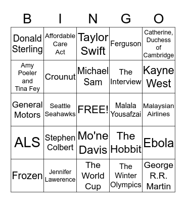 2014 Trivia Bingo Card