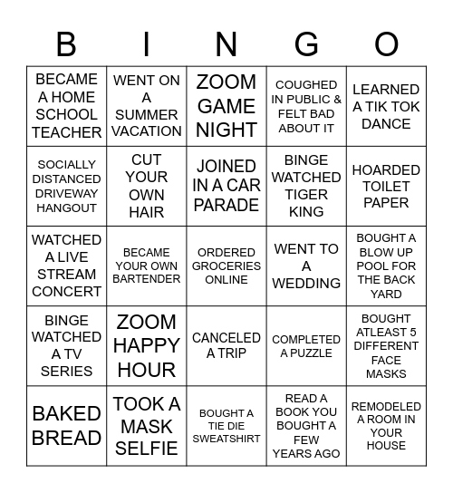 2020 Bingo Playable Bingo Card