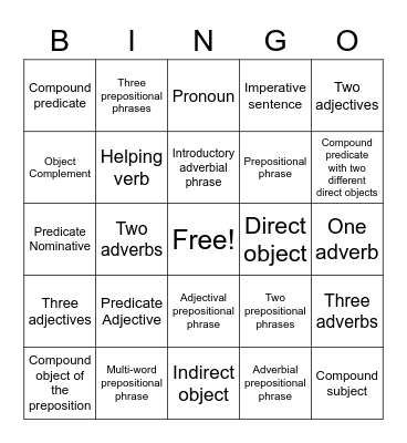 Grammar Bingo Card
