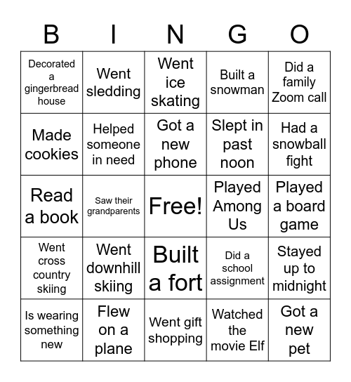 What did you do over winter break? Bingo Card