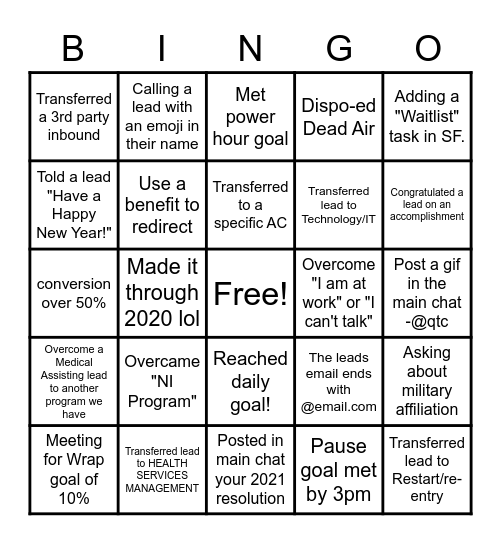 NEW YEARS BINGO Card