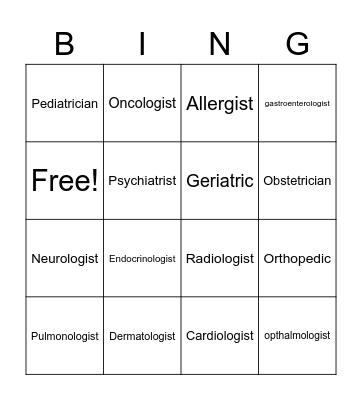 Medical Specialists Bingo Card