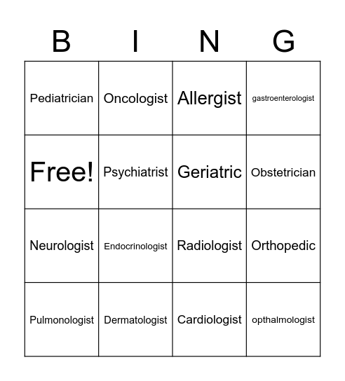 Medical Specialists Bingo Card