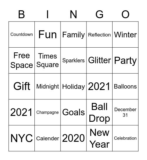 NEW YEARS EVE Bingo Card