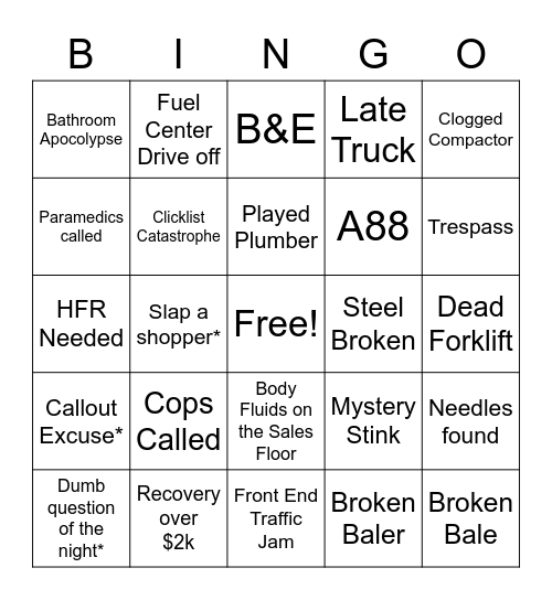 Bummer Bingo Card