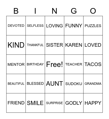 KAREN'S BIRTHDAY Bingo Card