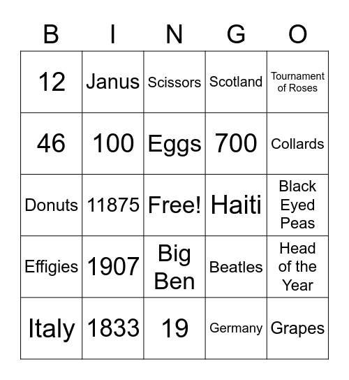 New Year Trivia Bingo Card