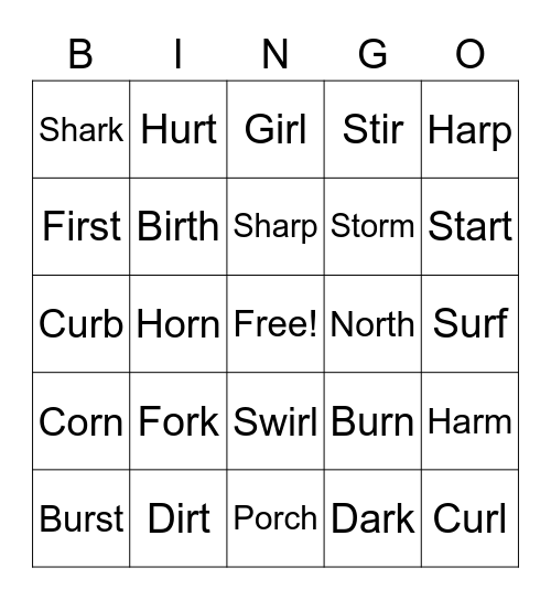 r-Influenced Vowel Patterns ar, ir or, ur Bingo Card