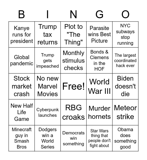 Batshit 2020 Bingo Card