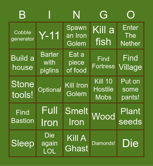 MineCraft Bingo Card