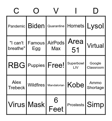 BYE 2020 Bingo Card