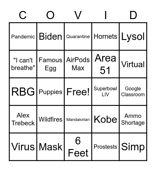 BYE 2020 Bingo Card