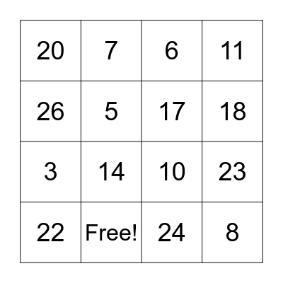Number Bingo Card