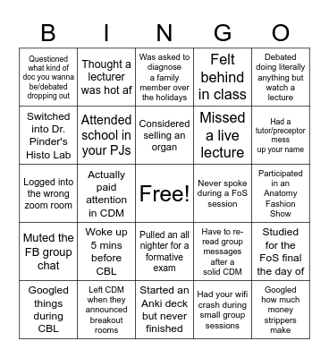 MED SCHOOL Bingo Card