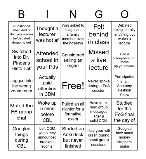 MED SCHOOL Bingo Card