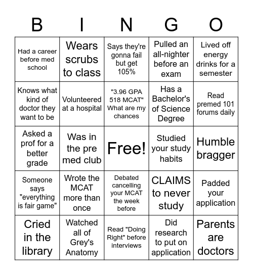 Pre Med Bingo Card