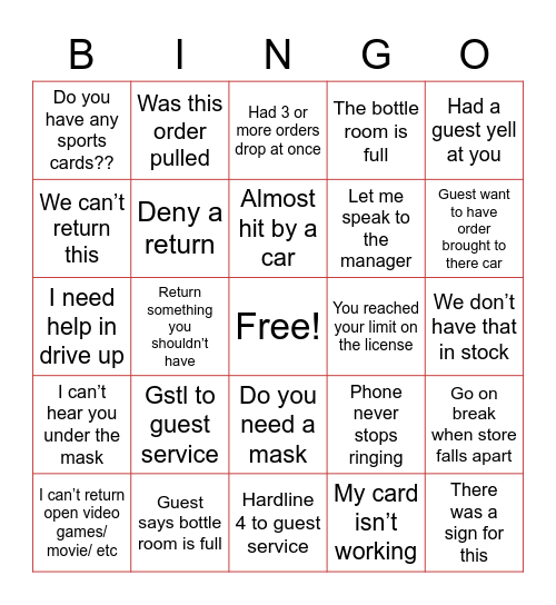 Target Guest Service Bingo Card