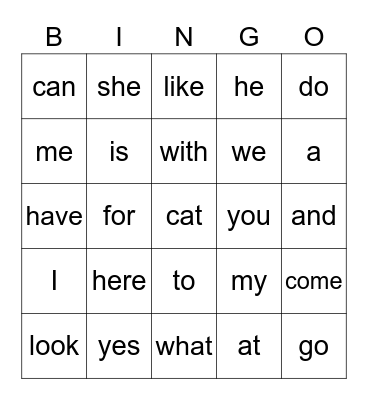 Sight Word Bingo Card