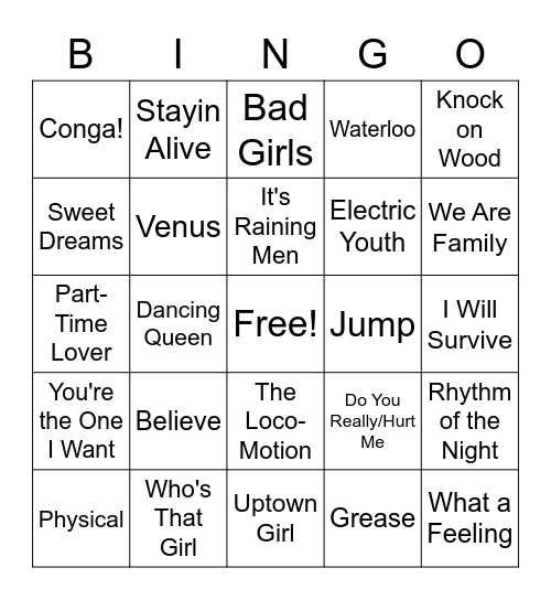 80s Music Bingo Card
