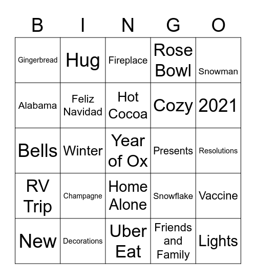 NYE Virtual Countdown Bingo - 2021 Bingo Card