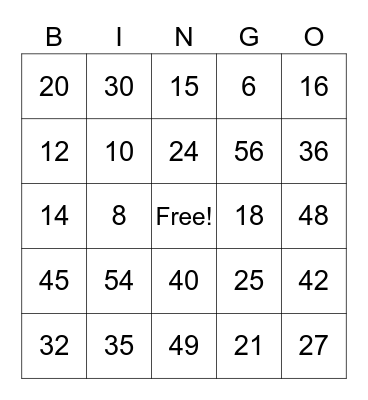 Multiplication Bingo Card