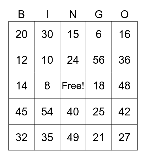 Multiplication Bingo Card