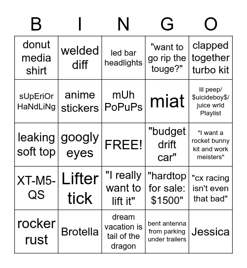 Miata Owner Bingo Card
