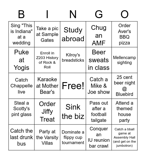 Hoosier Bingo Card