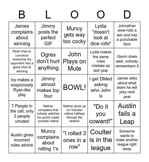 Every Blood Bowl Season Bingo Card