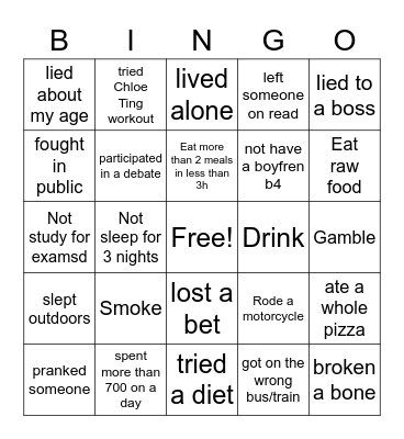 Never Have I Ever Bingo Card