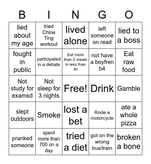 Never Have I Ever Bingo Card