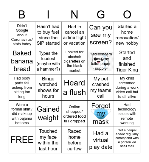 Work From Home Bingo Card