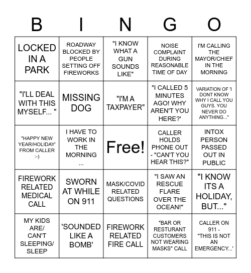 MAUI 911 NEW YEAR'S EVE BINGO Card