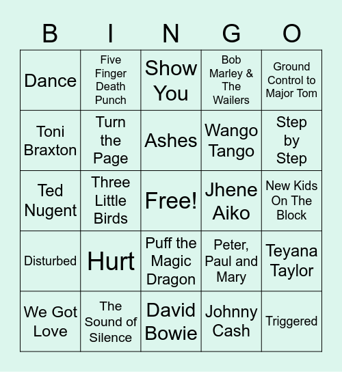Favorite Song/Artist Dec. 2020 Bingo Card