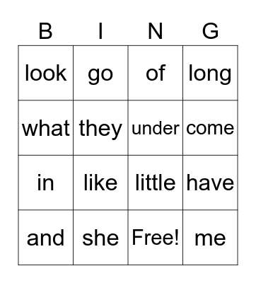Sight words Bingo Card