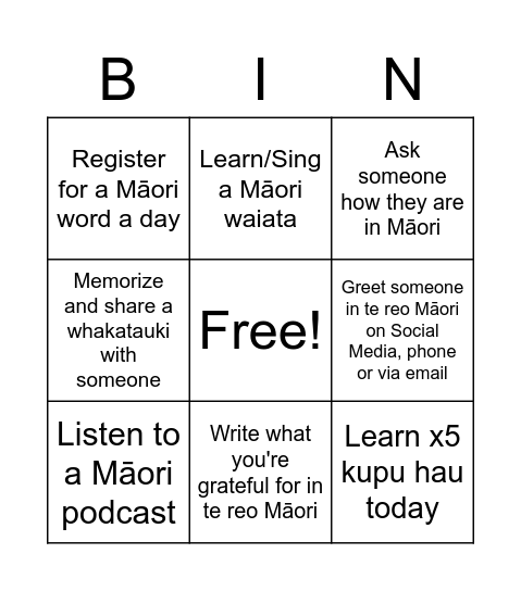 Te reo Māori BINGO Card