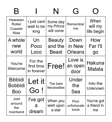 Disney Music Bingo Card