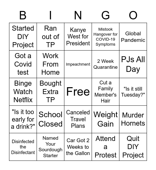 Bye 2020 Bingo Card