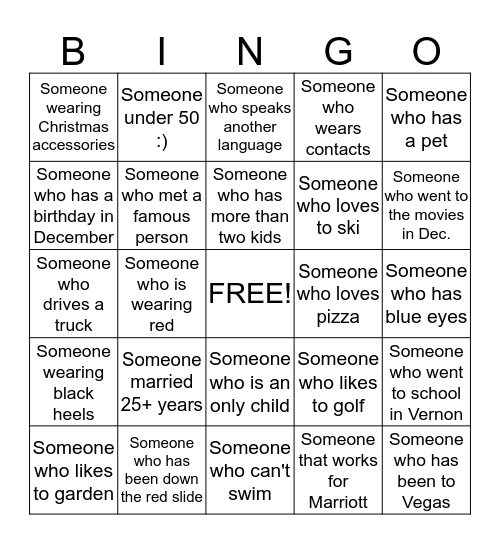 Marriott Winter Celebration Bingo Card