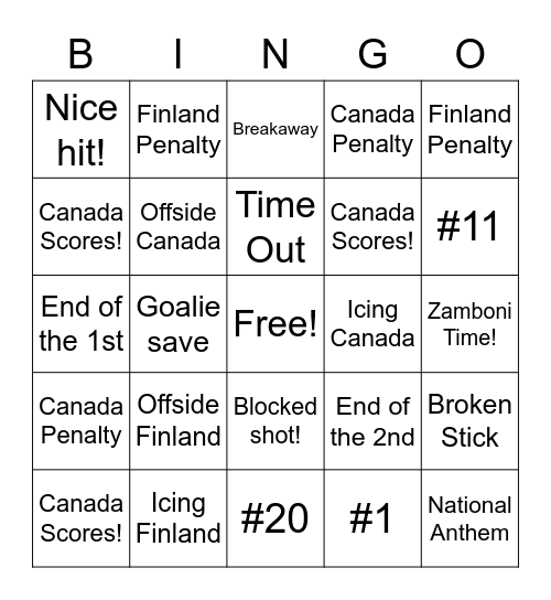 Hockey Game Bingo Card