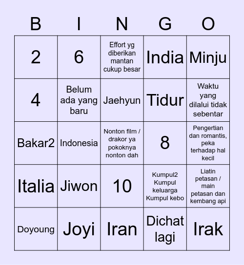 Punya Minju Bingo Card