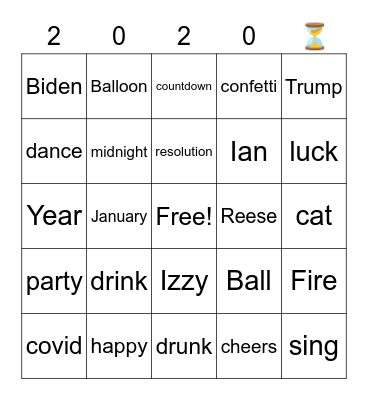 New Year's Eve 2020 (cross off the square anytime someone says the word) Bingo Card