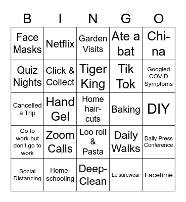 Quarantine 2020 Bingo Card