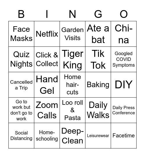 Quarantine 2020 Bingo Card