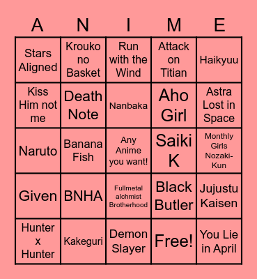 Anime Bingo Card