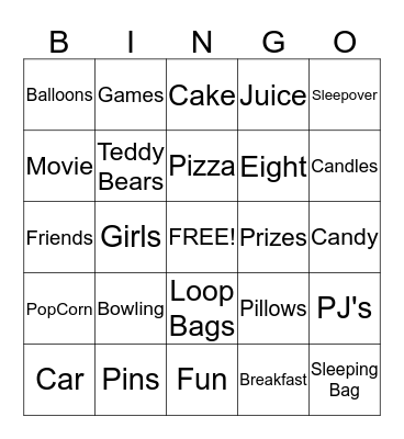 Meg's 8th Birthday Bingo Card